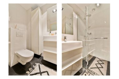 Zarif ve modern bir banyo. Minimalist dekor, zarif eşyalar ve işlevsel bir düzen. Tasarım temizliği ve yer verimliliğini vurguluyor..