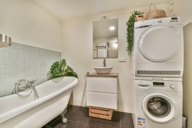 Çağdaş bir küvet ve yeşil bitkiler ve modern dekorasyonla vurgulanmış kompakt bir çamaşır makinesi olan şık bir banyo..