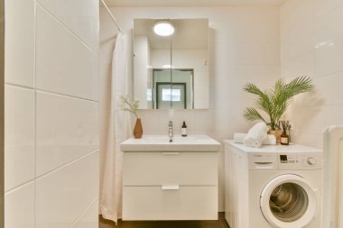 Gösterişli, modern bir banyo kibir, ayna, saksı bitkisi ve temizliği ve işlevselliği vurgulayan bir çamaşır makinesi içeren basit bir tasarım..