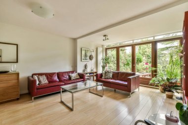 Görkemli mobilya ve yeşillik ile tamamlanmış geniş pencereli, doğal ışıkla dolu çağdaş bir oturma odası. Rahatlamak için mükemmel..