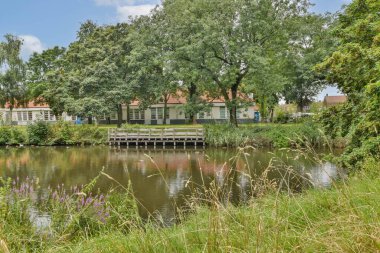 Canlı yeşillik içeren sakin bir göl manzarası, suyu yansıtan ve ahşap köprü, doğada barışçıl bir tefekküre yol açıyor..