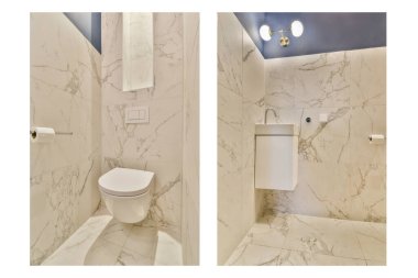 Zarif mermer duvarlar ve temiz, çağdaş estetik eşyalar içeren gösterişli ve modern bir banyo..