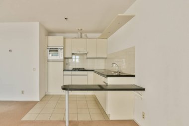 Zarif ve modern bir mutfak. Minimalist tasarım unsurları var. Temel cihazlar ve düzenli düzenle donatılmış, çağdaş bir tarz yayıyor..
