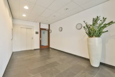 Bir asansör ve dekoratif bitki içeren gösterişli bir ofis koridoru olan bu alan modern tasarım ve işlevselliği vurguluyor..