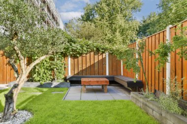 Canlı yeşil bir çimenlik, ahşap bir bank ve şık ahşap çitlerle çevrili güzel bir ağacın bulunduğu huzurlu bir açık alan..