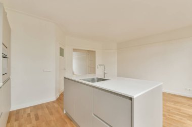 Gösterişli ve çağdaş bir mutfak, minimalist bir düzenle beyaz bir tezgah ve kabin, boşluk ve işlevselliği vurguluyor..