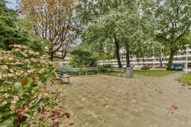 Yeşillik, rahatlama bankları ve yürüyüş bankları içeren sakin bir şehir parkı, doğal güzellikler arasında gezinmek için idealdir..