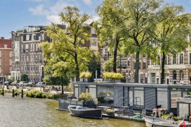 Amsterdam 'da canlı yeşillik ve su kenarlarını kaplayan klasik mimarinin yer aldığı, kentsel doğanın özünü yansıtan bir kanal manzarası..