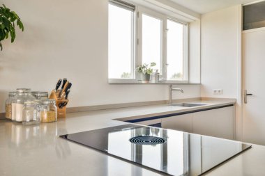 Pürüzsüz ve modern mutfak tasarımı. Temiz, minimalist estetik, geniş pencereli, doğal ışık ve şık aletler..