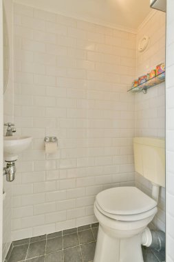 Modern eşyalar ve minimalist tasarım unsurlarının sergilendiği şık ve temiz bir banyo, kompakt bir alandaki işlevsellik ve estetiği vurguluyor..