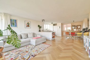 Çağdaş mobilyalar, renkli bir halı ve kapalı bitkilerin bulunduğu geniş, aydınlık bir yaşam alanı, dinlenmek için sıcak ve davetkar bir atmosfer yaratıyor..