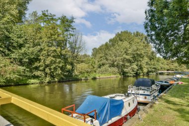 Yeşilliklerle kaplı sakin bir nehir manzarası, demirli tekneler ve açık bir gökyüzü. Rahatlamak ve doğayı takdir etmek için ideal..