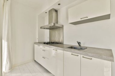 Parlak mutfak ortamında gösterişli dolaplar ve paslanmaz çelik aletler içeren minimalist tasarım. Çağdaş ev dekorasyonu fikirleri için ideal.