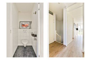 Zarif bir iç mekan, gösterişli bir banyo ve karşılama salonu. Minimalist tasarım, şık armatürler ve boşluk hissi..