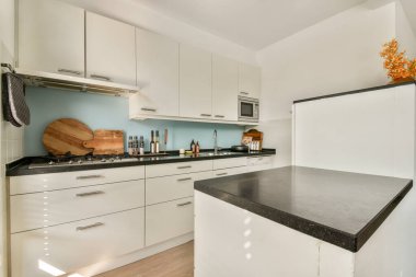 Şık ve çağdaş bir mutfak, gösterişli dolaplar, büyük bir tezgah ve modern aletler, aşçılar ve ev aşçıları için mükemmel..