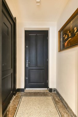 Etrafı mermer zemin ve zevkli duvar resimleriyle çevrili parlak siyah bir kapının bulunduğu sofistike bir giriş. Çağdaş ev tasarımı için ideal.