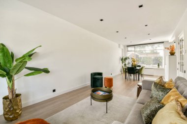 Minimalist tasarım ve doğal elementlerin karışımından oluşan şık bir modern yaşam alanı, açık ahşap döşeme ve ortam için yeşillik sergiliyor..