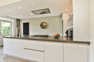 Gösterişli bir dolap ve minimalist bir tasarım içeren çağdaş bir mutfak, doğal ışık ve şık aksesuarlarla tamamlanmış. Modern ev estetiği için ideal..