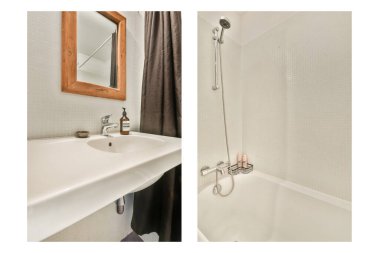 Temiz ve çağdaş bir banyo şık bir lavabo, duş ve rahatlatıcı bir atmosfer yaratıyor..