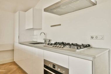 Gösterişli ve çağdaş bir mutfak vitrininde minimalist dolaplar, paslanmaz çelik aletler ve temiz bir estetik. Modern yaşam alanları için mükemmel..