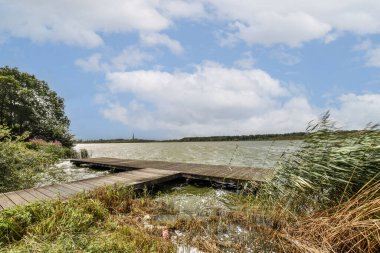Bereketli yeşillik ve berrak gökyüzü ile çevrili durgun sulara uzanan ahşap bir rıhtım manzarası. Doğa aşıkları ve fotoğrafçılar için ideal..