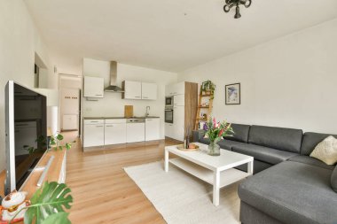 Minimalist tasarımı, açık renkleri ve rahat bir atmosfer için çağdaş mobilyaları olan birbirine bağlı bir mutfağı olan modern bir oturma odası..