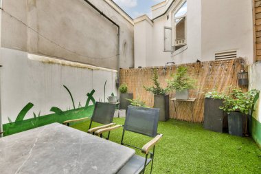 Serin yeşil çimenleri, dekoratif bitkileri ve minimalist mobilyaları olan rahat bir ortamda rahatlamak ve sosyal etkinlikler için mükemmel bir bahçe..
