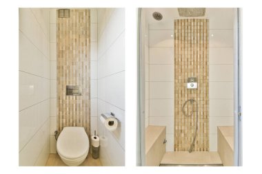 Gösterişli modern banyo, şık bir duş alanı ve tuvalet, zarif fayanslı duvarlar ve temiz çizgiler ve basitliği vurgulayan çağdaş demirbaşlarla vurgulanmış..