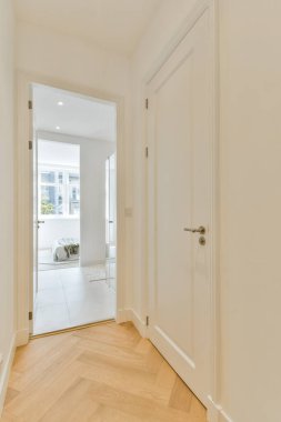 Parlak ve havadar modern koridorda minimalist stil elementler sergileniyor, ahşap zemin ve temiz çizgiler, iyi ışıklandırılmış bir yaşam alanına götürüyor..