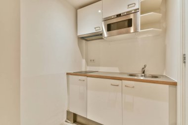 Bu resimde modern bir minimalist mutfak, gösterişli dolaplar, entegre cihazlar ve temiz, düzensiz bir tasarım sergileniyor..