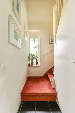 Güzel ışıklandırılmış, sanatsal çerçeveler sergilenen bir koridor ve merdivene çıkan rahat bir halı. Ortam sıcak ve misafirleri ağırlamak için özenle tasarlanmış..