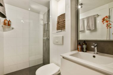 Gösterişli bir banyo modern tasarım unsurları, şık bir duş, zarif eşyalar, ve boşlukların işlevselliğini arttıran minimalist dekorlar..