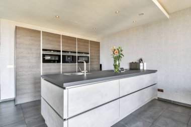 Minimalist estetik içerikli çağdaş bir mutfak, şık bir dolap, modern aletler ve yeni bir ortam için zarif dekorlar ile donatılmış..