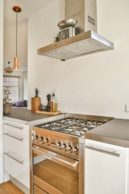 Paslanmaz çelik aletler, minimalist dolaplar ve profesyonel bir sobanın üstünde şık bir kapüşonlu mutfak aşçılık meraklıları için mükemmel..