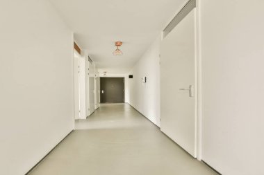 Beyaz duvarları ve parlak kapıları olan modern ve minimalist bir iç koridor, şık bir kolye ışığıyla aydınlatılmış, temiz, ferah bir ortam yaratıyor..