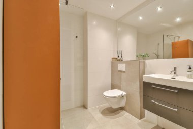 Çağdaş bir banyo vitrininde zarif tasarım özellikleri, nötr tonlar ve modern aksesuarlar, lüks ve konfor hissi verir..