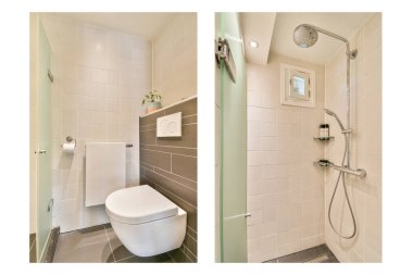 Gösterişli bir banyo, modern eşyalar, işlevsellik ve estetik için tasarlanmış şık bir duş ve tuvalet de dahil..