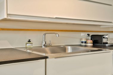 Minimalist elementlerin, paslanmaz çelik aletlerin ve zarif bir tezgahın yer aldığı iyi tasarlanmış modern bir mutfak. Çağdaş yaşam alanları için ideal.