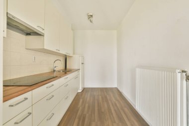 Gösterişli bir dolap, ince bir renk paleti ve modern demirbaş içeren minimalist bir mutfak yemek ve yemek pişirmek için temiz ve işlevsel bir alan yaratır..