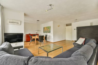 Modern mobilyaların, ahşap döşemelerin ve rahatlama ve eğlence için mükemmel rahat bir atmosferin olduğu şık bir oturma odası..