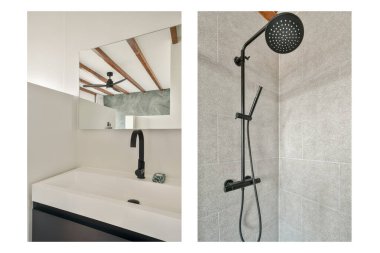 Zarif ve çağdaş banyo, minimalist elementler, parlak armatürler ve genel rahatlama atmosferini arttıran uyumlu bir renk paleti içerir..