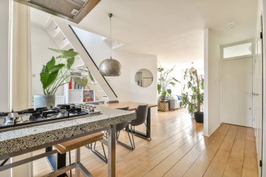 Ahşap döşeme, modern mobilya ve atmosferi geliştiren bitkiler tarafından vurgulanmış, çağdaş bir iç mekan tasarımı..