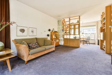 Şık tasarlanmış, rahat bir kanepe, zarif bir dekor ve geniş pencerelerden yayılan doğal bir ışık barındıran modern bir yaşam alanı..