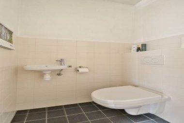 Gösterişli, çağdaş banyo minimalist tasarım unsurları sergiliyor. Duvara monte edilmiş lavabo, tuvalet ve temiz döşeme modern yaşam için mükemmel..