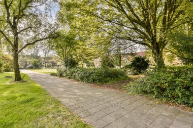 Güzel bir park yolu, canlı yeşil ağaçların ve çalıların arasından yavaşça geçer, sakin bir açık hava ortamı yaratır, rahatlama ve doğa takdiri için ideal ortamı yaratır..