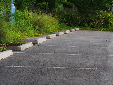Tekerlek durakları ve kenarları aşırı büyümüş yeşilliklerle dolu sakin bir otopark. Şehir altyapısını, sakin bir açık hava ortamında doğal çevreyle harmanlıyor.