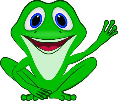 Komik bir kurbağa sallamasının çizgi film çizimi. Kapak tasarımları, çıkartmalar ve tişörtler için iyidir.