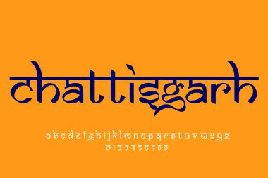 Indian state chattisgarh text design. Indian style Latin font design, Devanagari inspired alphabet, letters and numbers, illustration.