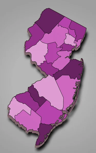 3次元郡の境界線と異なる色を持つニュージャージー州の地図 — ストック写真