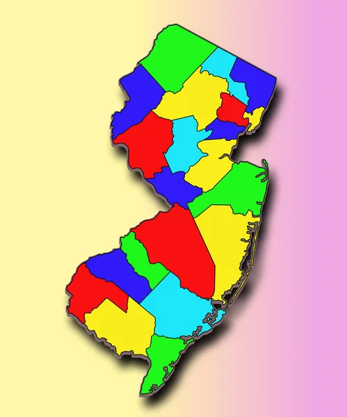 3D纽泽西州地图 各县边界 颜色各异 美利坚合众国 — 图库照片
